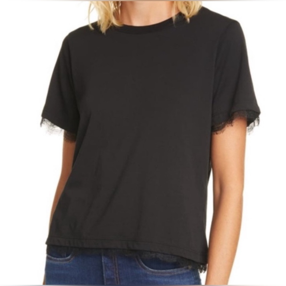 Veronica Beard Black Short Sleeve Tee with Lace Trim